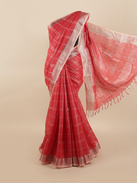 

Pothys Red & Silver Checked Zari Linen Blend Saree