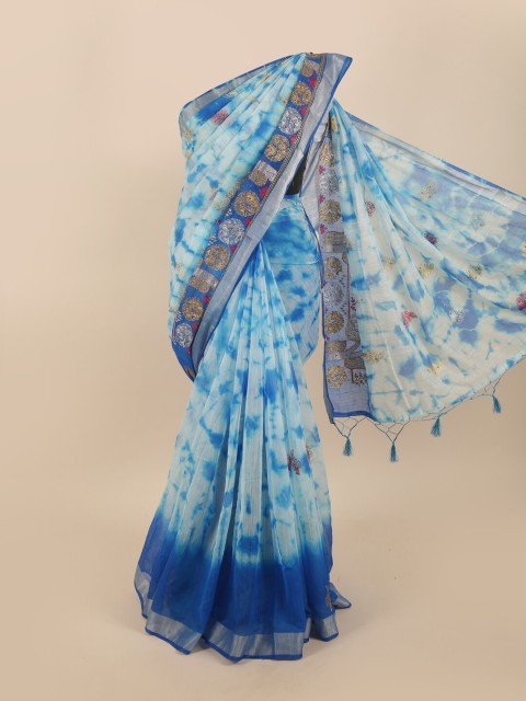

Pothys Blue Tie-Dye Printed & Embroidered Tissue Saree