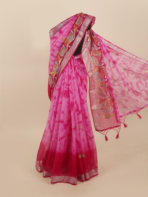 

Pothys Pink & Silver-Toned Tie and Dye Embroidered Tissue Saree