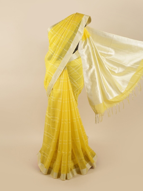 

Pothys Yellow & Silver-Toned Checked Zari Linen Blend Saree