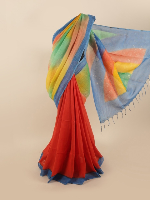 

Pothys Red & Blue Colourblocked Linen Blend Saree