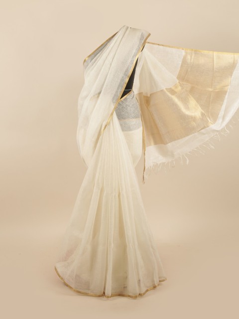 

Pothys White & Gold-Toned Zari Linen Blend Saree