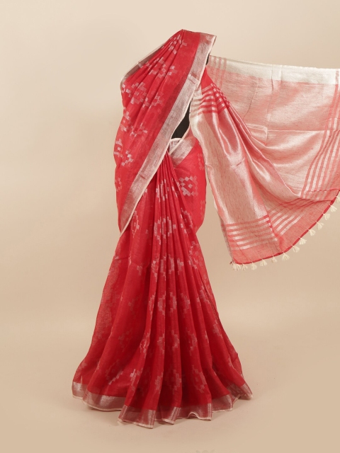 

Pothys Red & Silver-Toned Zari Linen Blend Saree
