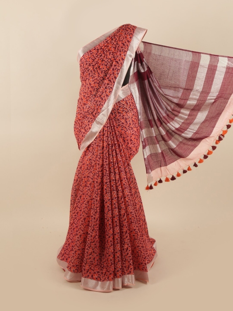 

Pothys Peach-Coloured & Orange Zari Linen Blend Saree