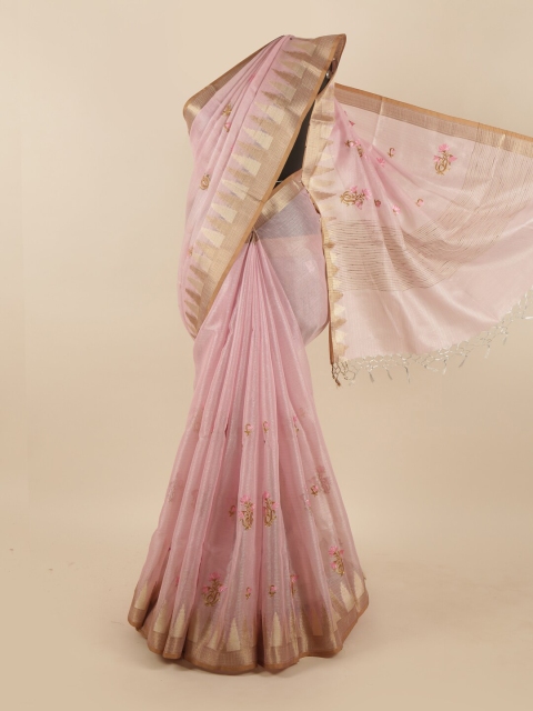 

Pothys Pink & Gold-Toned Floral Embroidered Zari Tissue Saree