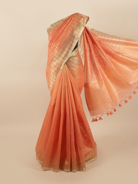 

Pothys Coral & Gold-Toned Floral Zari Tissue Saree