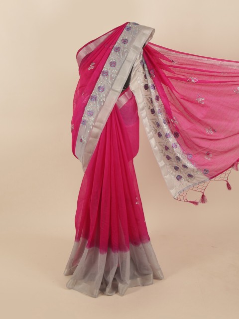

Pothys Magenta & Silver-Toned Floral Zari Tissue Saree