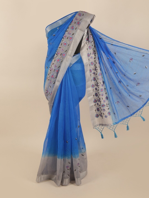 

Pothys Blue & Silver-Toned Ethnic Motifs Embroidered Tissue Saree