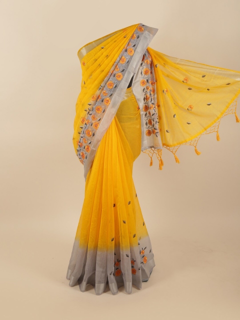 

Pothys Yellow & Silver-Toned Floral Embroidered Zari Tissue Saree
