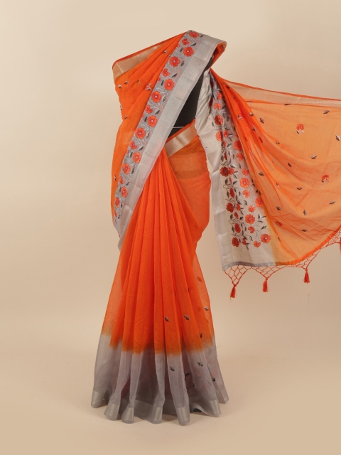 

Pothys Orange & Grey Floral Embroidered Tissue Saree