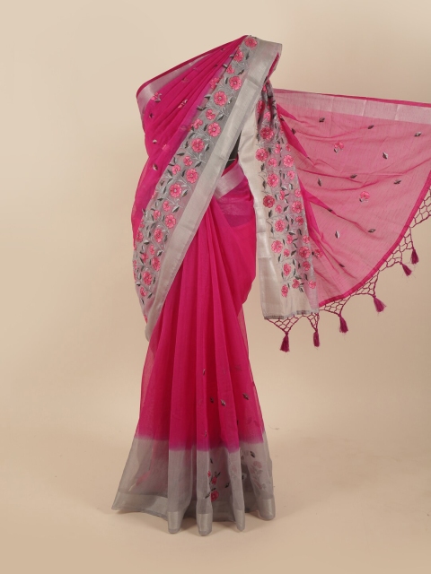 

Pothys Magenta & Silver-Toned Floral Beads and Stones Tissue Saree