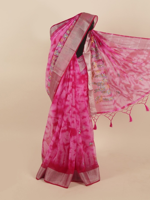 

Pothys Magenta & Yellow Floral Embroidered Tissue Saree