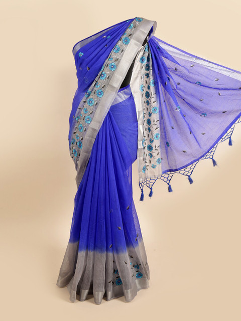 

Pothys Blue & Grey Floral Zari Tissue Saree