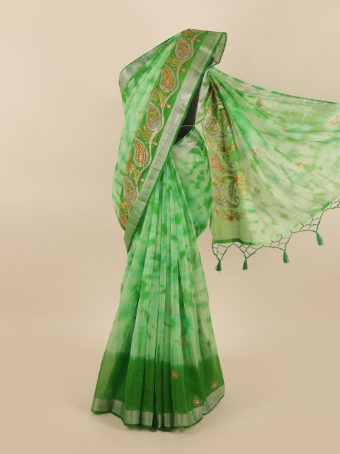 

Pothys Green & Orange Paisley Embroidered Tissue Saree