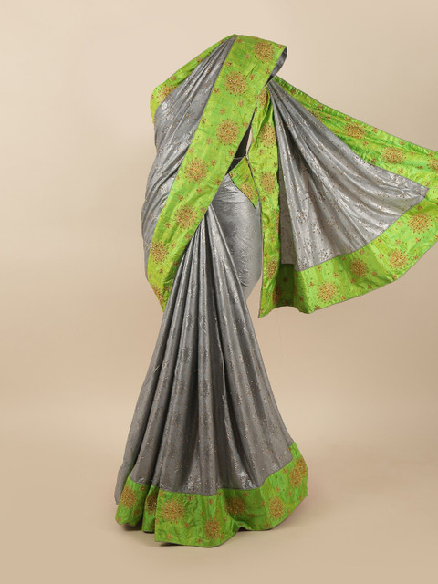 

Pothys Grey & Green Floral Beads & Stones Saree