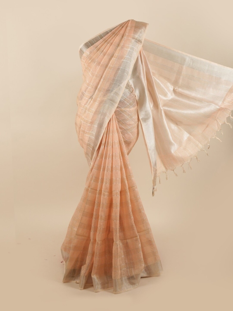 

Pothys Peach-Coloured & Silver Striped Linen Blend Saree