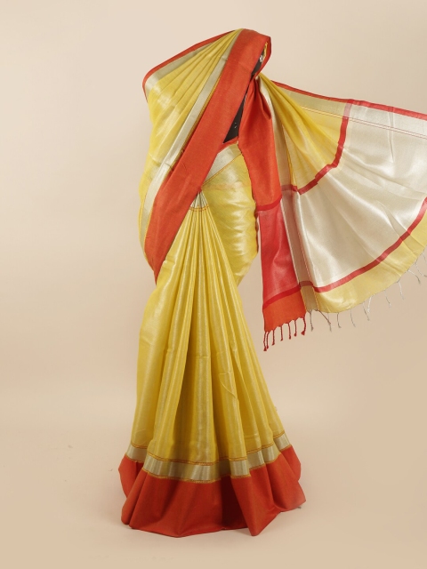 

Pothys Yellow & Red Solid Linen Blend Saree