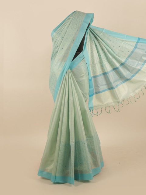 

Pothys Green & Turquoise Blue Floral Mirror Work Tissue Saree
