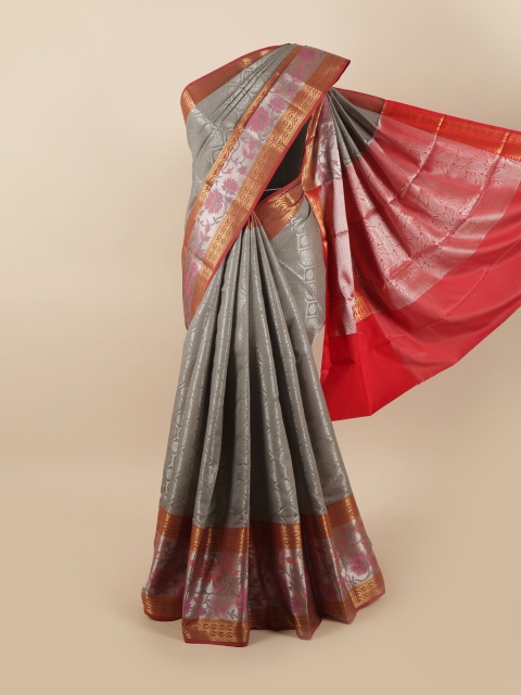 

Pothys Grey & Gold-Toned Floral Zari Silk Blend Saree