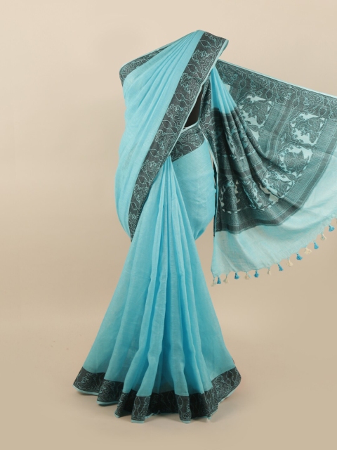 

Pothys Blue & Black Ethnic Motifs Linen Blend Saree