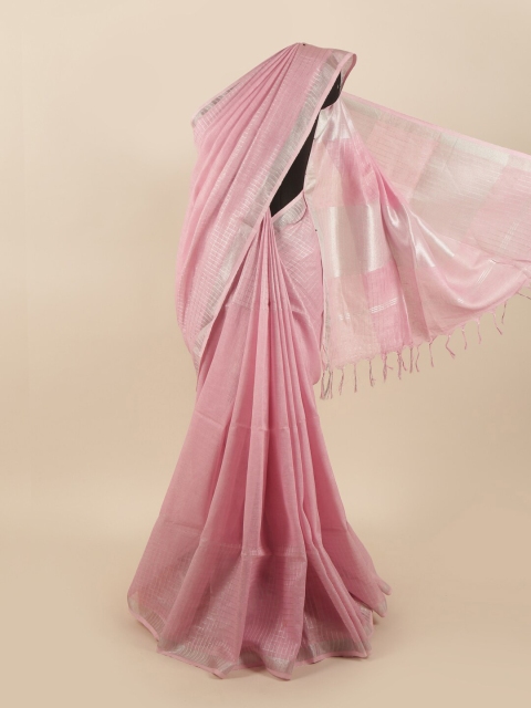 

Pothys Pink & Silver-Toned Checked Zari Linen Blend Saree