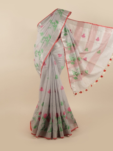 

Pothys Grey & Green Floral Zari Linen Blend Saree