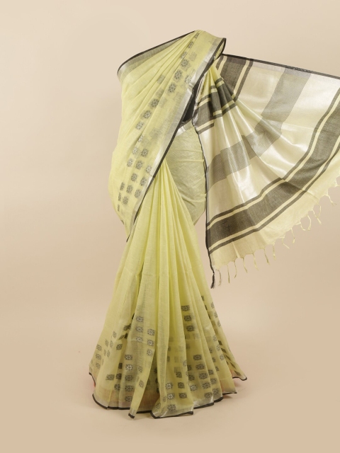 

Pothys Green & Black Floral Zari Linen Blend Saree
