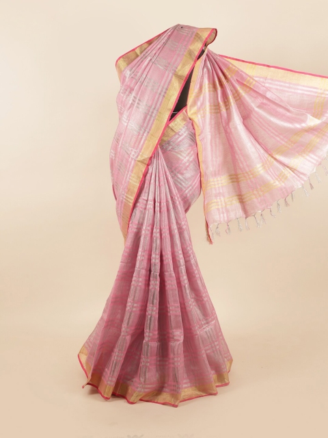 

Pothys Pink & Gold-Toned Checked Zari Linen Blend Saree