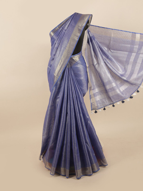 

Pothys Blue & Silver-Toned Zari Linen Blend Saree