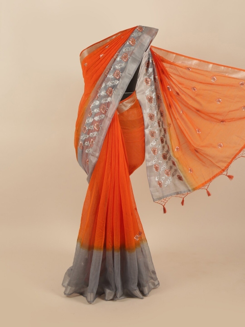 

Pothys Orange & Grey Floral Embroidered Tissue Saree