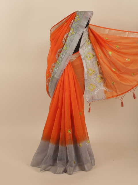 

Pothys Orange & Grey Floral Embroidered Tissue Saree