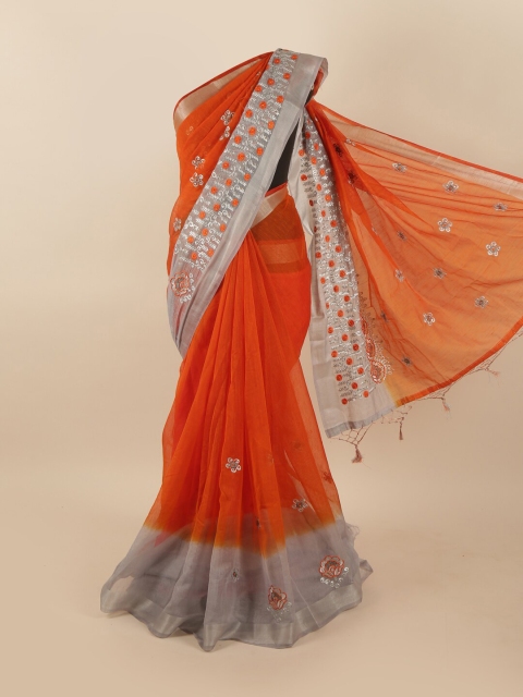 

Pothys Orange & Grey Ethnic Motifs Embroidered Tissue Saree