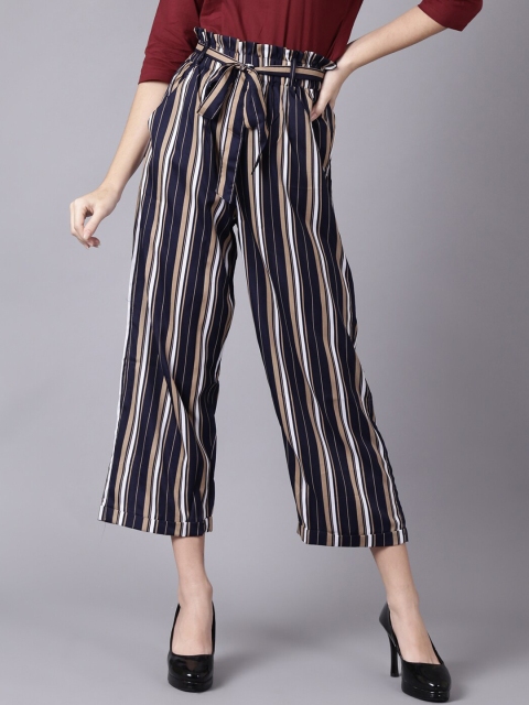 

AASI - HOUSE OF NAYO Women Multicoloured Striped Smart Easy Wash Culottes Trousers, Multi