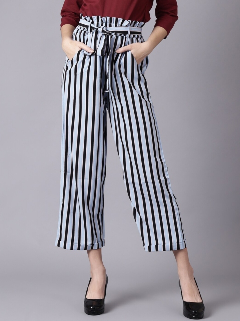 

AASI - HOUSE OF NAYO Women White Striped Smart Easy Wash Pleated Parallel Trousers