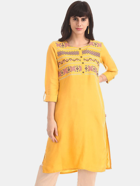 

Karigari Women Yellow Tribal Yoke Design Embroidered Kurta