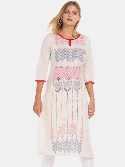 

Karigari Women Off-White & Navy Blue Ethnic Motifs Print Kurta