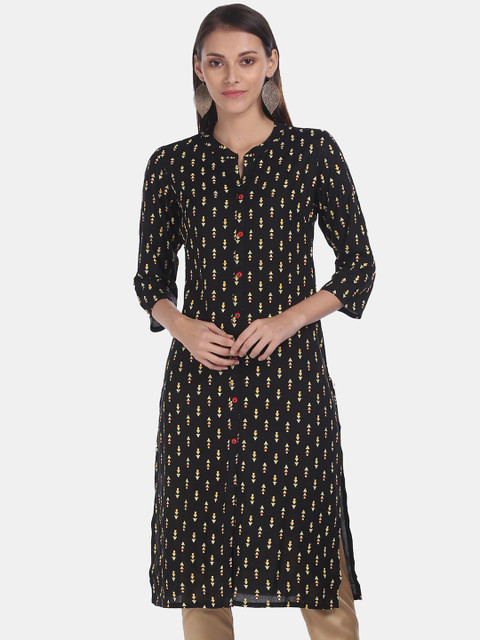 

Karigari Women Black & Yellow Geometric Printed Kurta