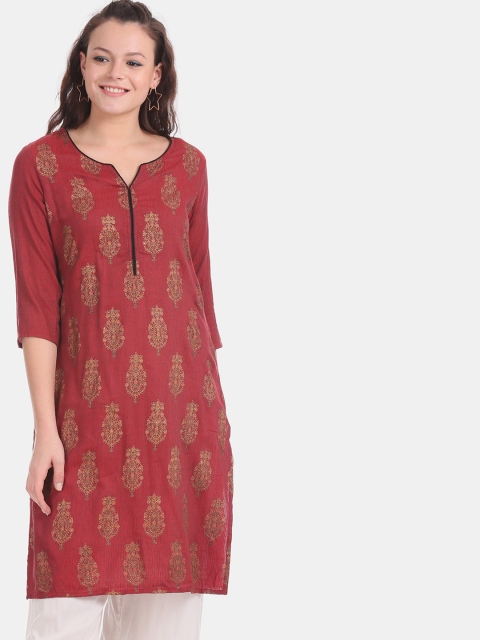 

Karigari Women Red & Gold-Toned Zari Ethnic Motifs Print Kurta