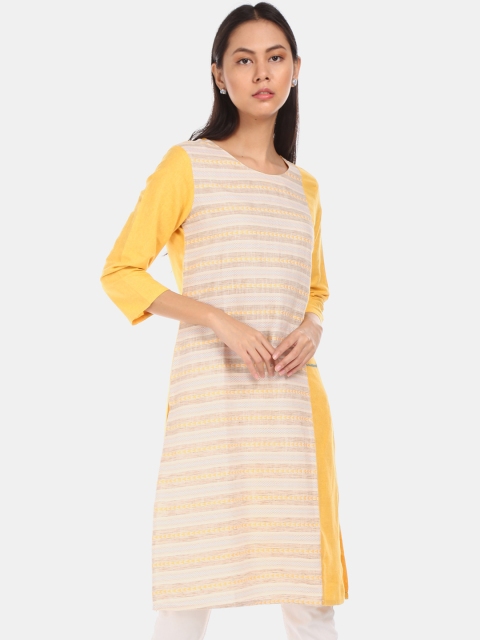 

Karigari Women Yellow & White Striped Kurta