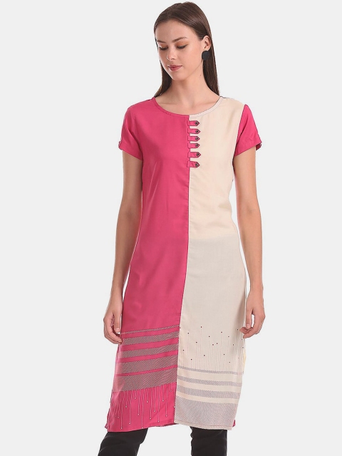 

Karigari Women Pink & Off White Colourblocked Thread Work Kurta