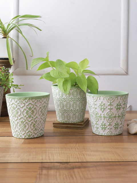 

TAYHAA Set Of 3 Green & White Printed Ceramic Planter