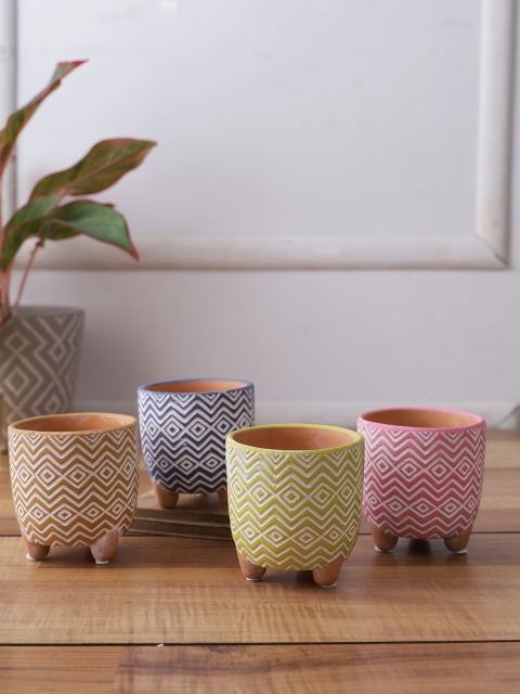 

TAYHAA Set Of 4 Tribal Design Textured Ceramic Planters, Blue