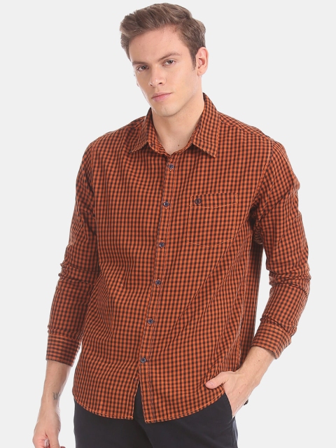 

Ruggers Men Orange Opaque Checked Casual Shirt