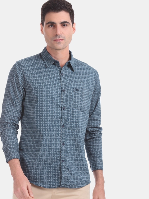 

Ruggers Men Blue & Grey Opaque Checked Pure Cotton Casual Shirt