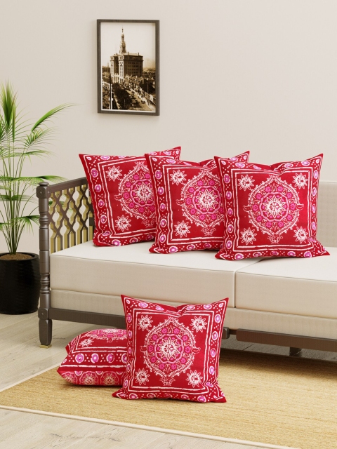 

Gulaab Jaipur Set of 5 Red & White Cotton Ethnic Motifs Square Cushion Covers