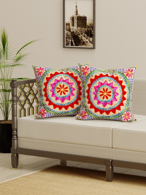 

Gulaab Jaipur Red & Green Set of 2 Embroidered Square Cushion Covers