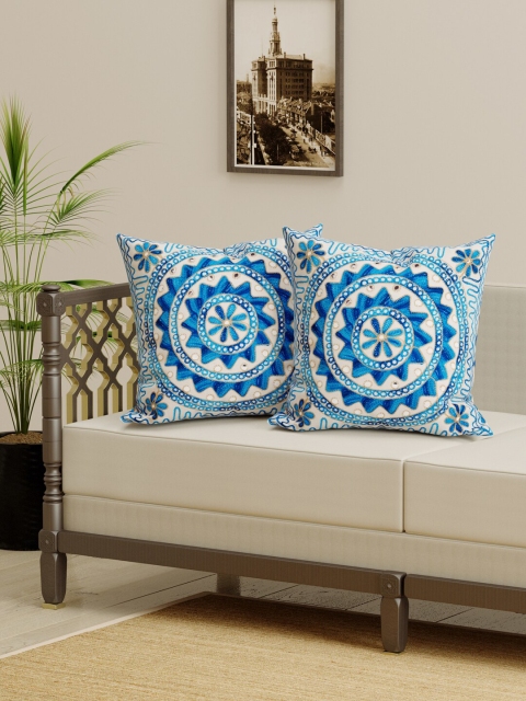 

Gulaab Jaipur White & Blue Set of 2 Embroidered Square Cushion Covers