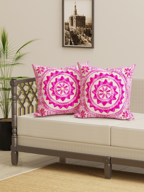 

Gulaab Jaipur Pink & White Set of 2 Embroidered Square Cushion Covers