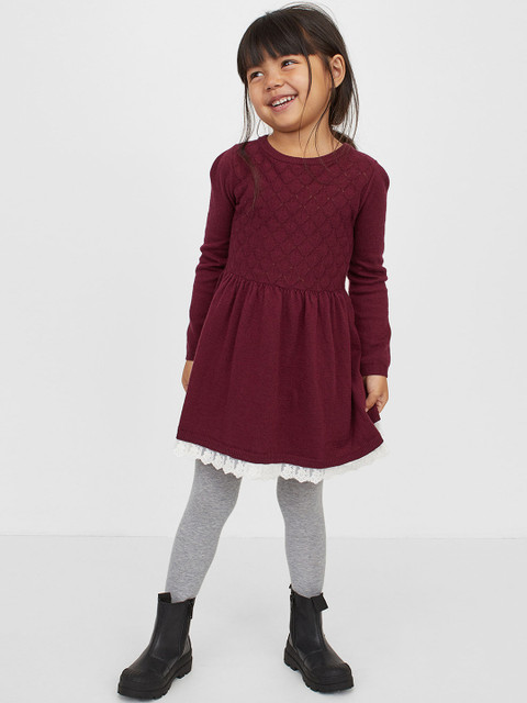 

H&M Girls Maroon Lace-Trimmed Knitted Dress