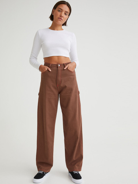 

H&M Women Brown Solid Wide Twill Trousers